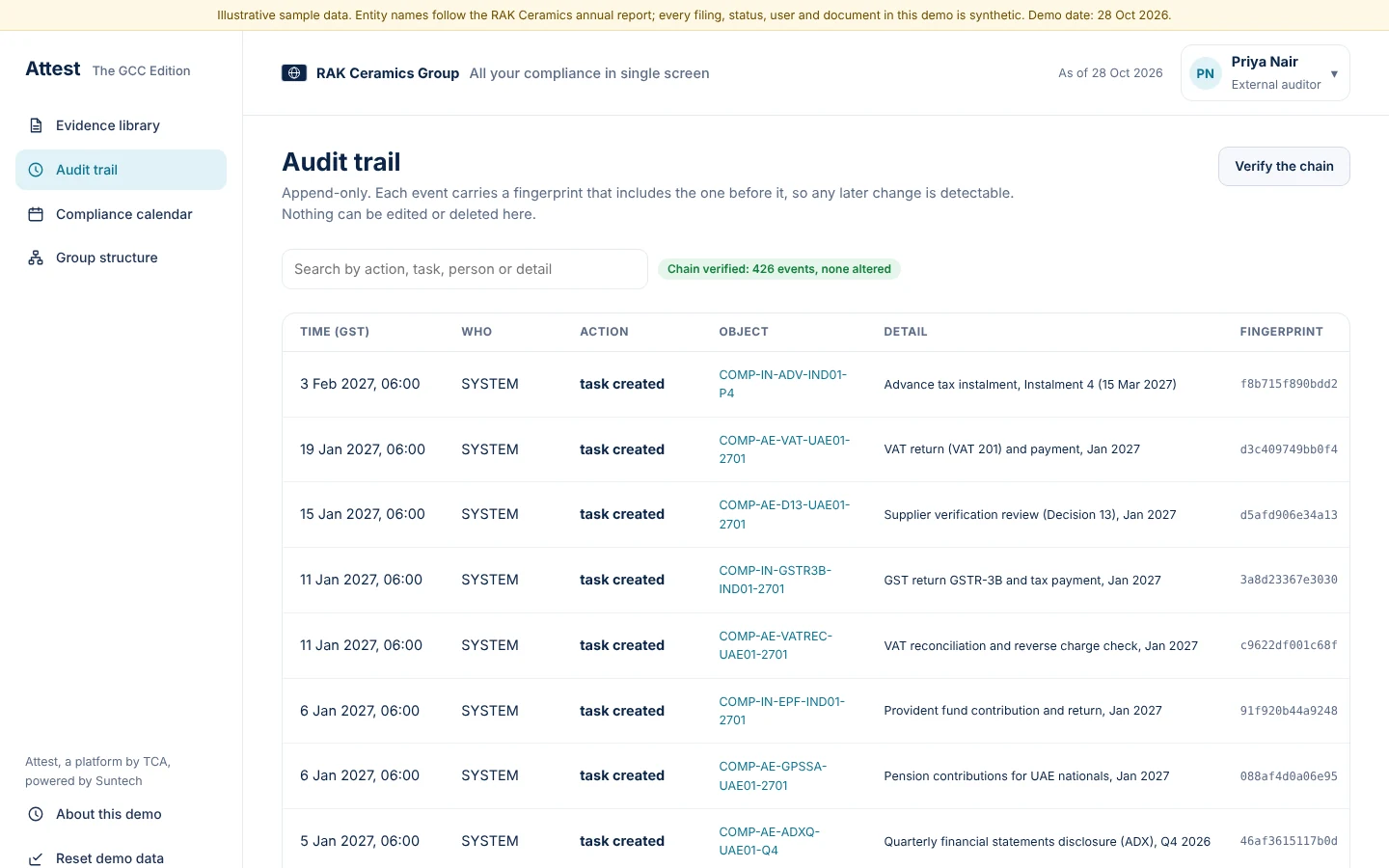 An append-only audit trail can be verified at any time